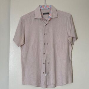 Linen Cotton blend Light Brown Short Sleeve Button-Down Shirt